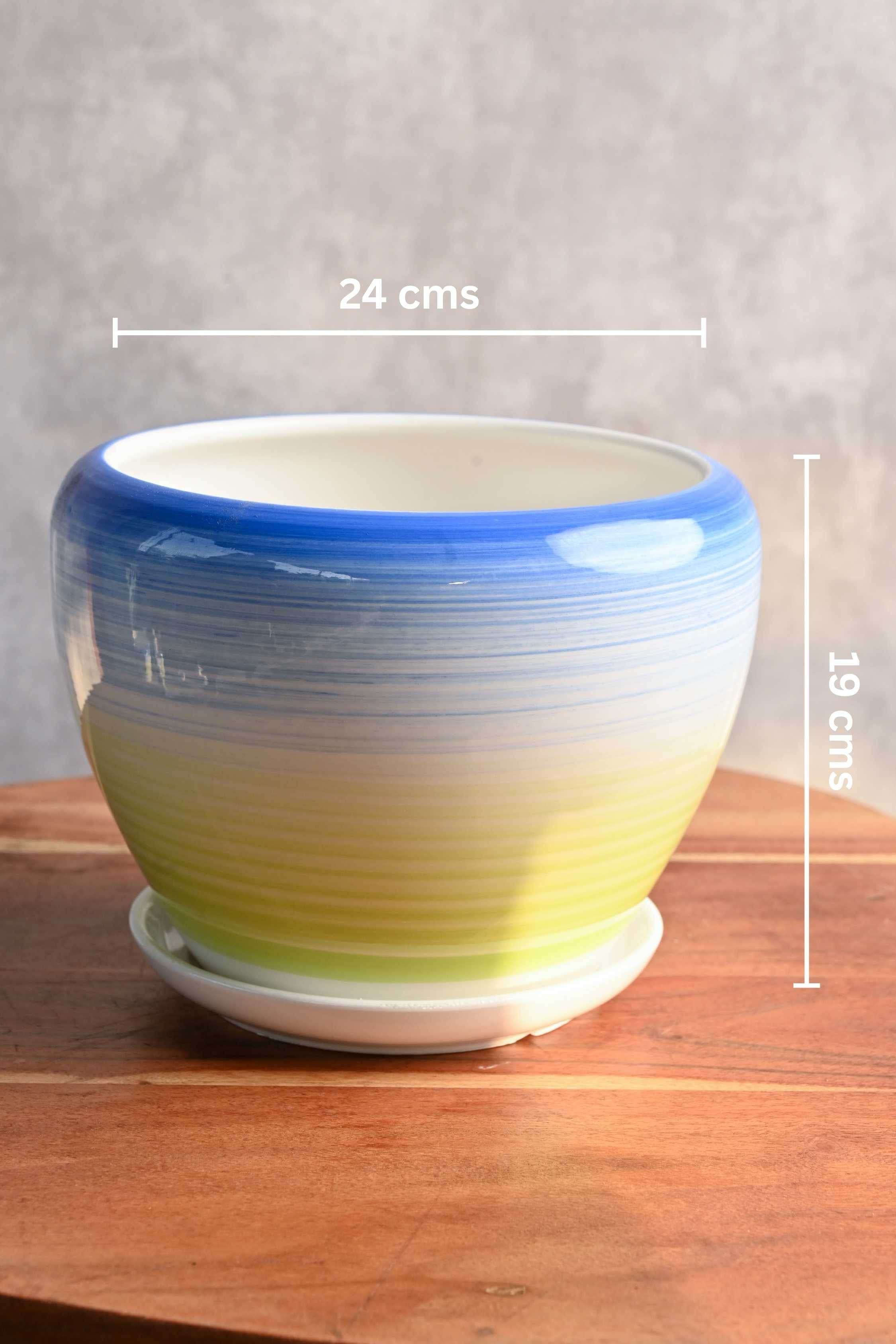Ceramic Planters Large 24-19 cms / Blue-Green Gradient Round Ceramic Planter with Plate Round Ceramic Planter with Plate