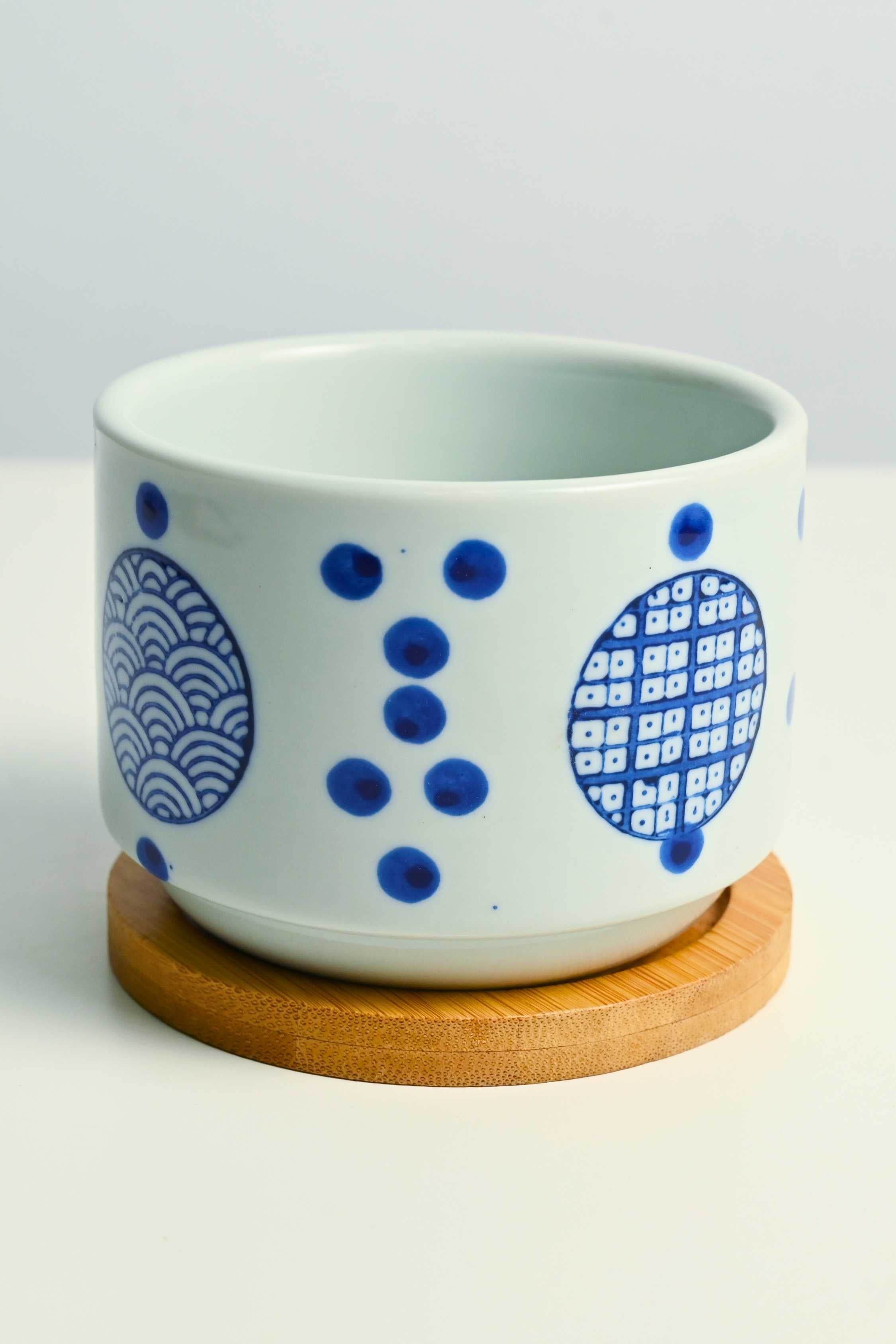 Ceramic Planters Seigaiha Grid Cerulean Succulent Pot with Tray Cerulean Succulent Pot with Tray