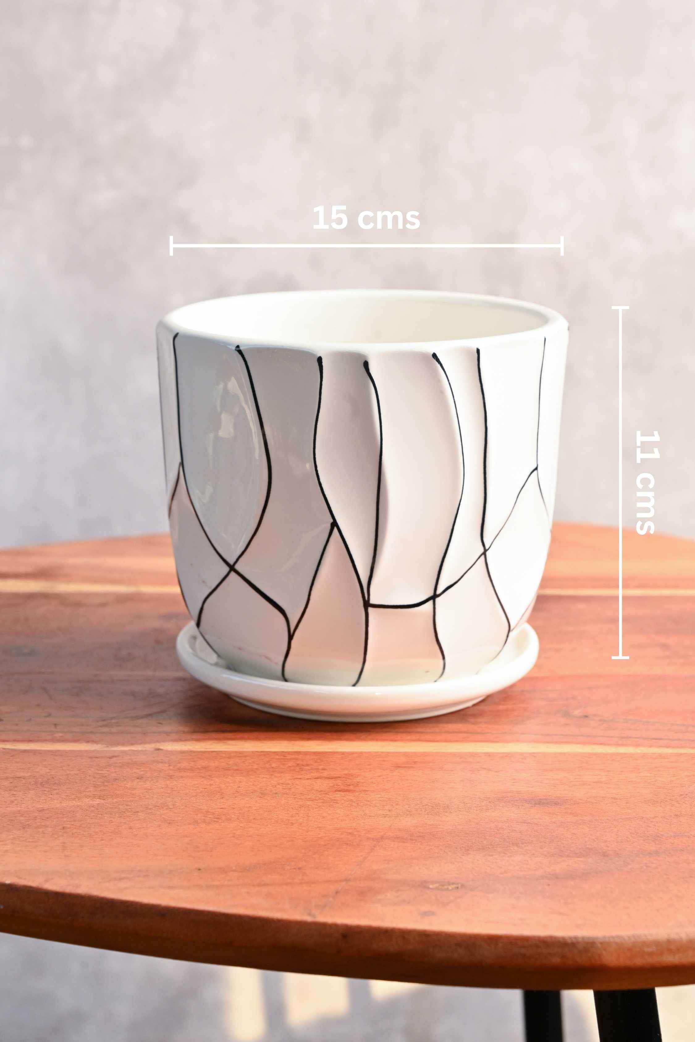 Ceramic Planters Small / White Abstract Lines Tapered Ceramic Planter with Plate Tapered Ceramic Planter with Plate