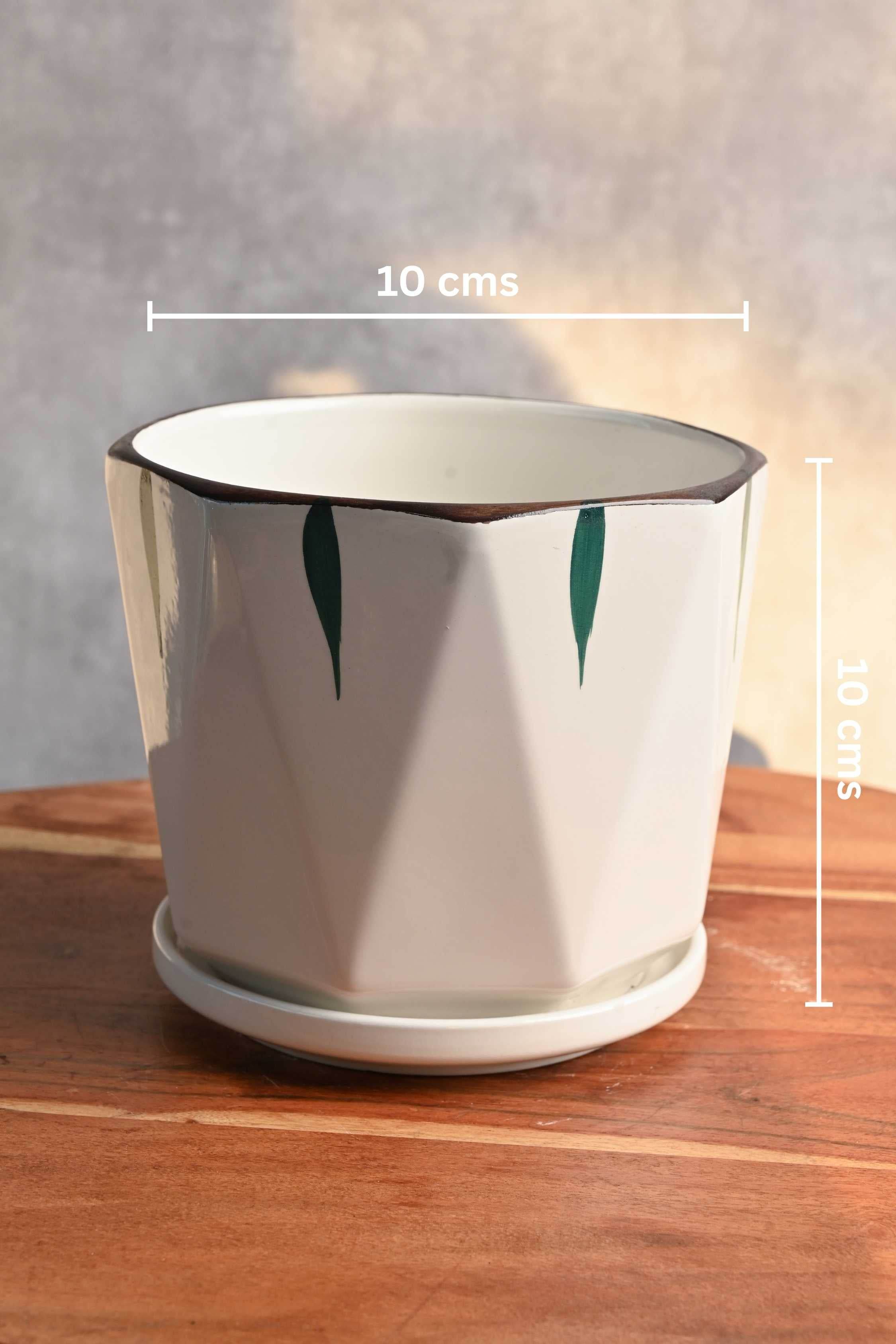 Ceramic Planters Small / White with Leaf Pattern Faceted Ceramic Planter with Plate Faceted Ceramic Planter with Plate