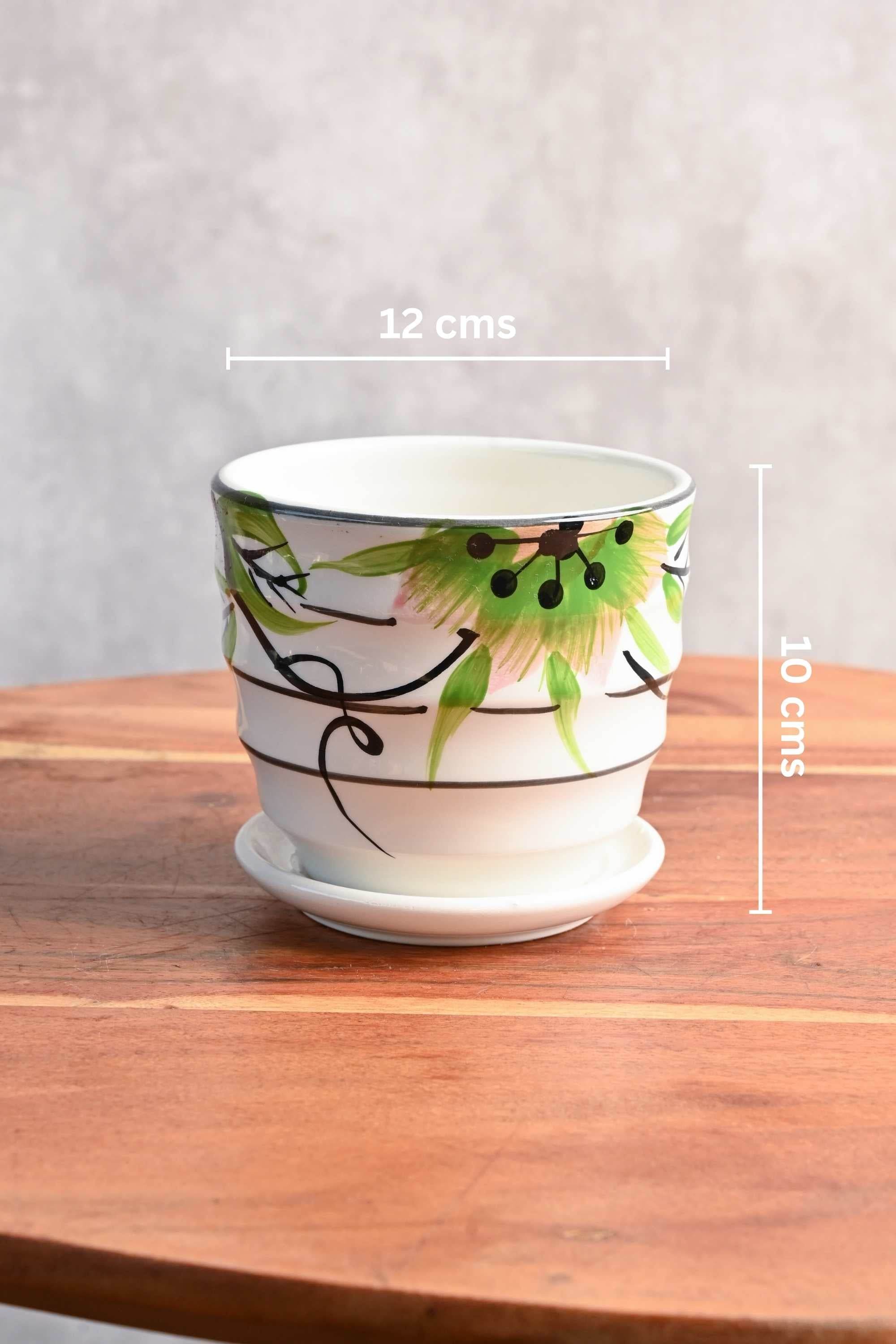Ceramic Planters Small / Green Floral Design Tapered Ceramic Planter with Plate Tapered Ceramic Planter with Plate